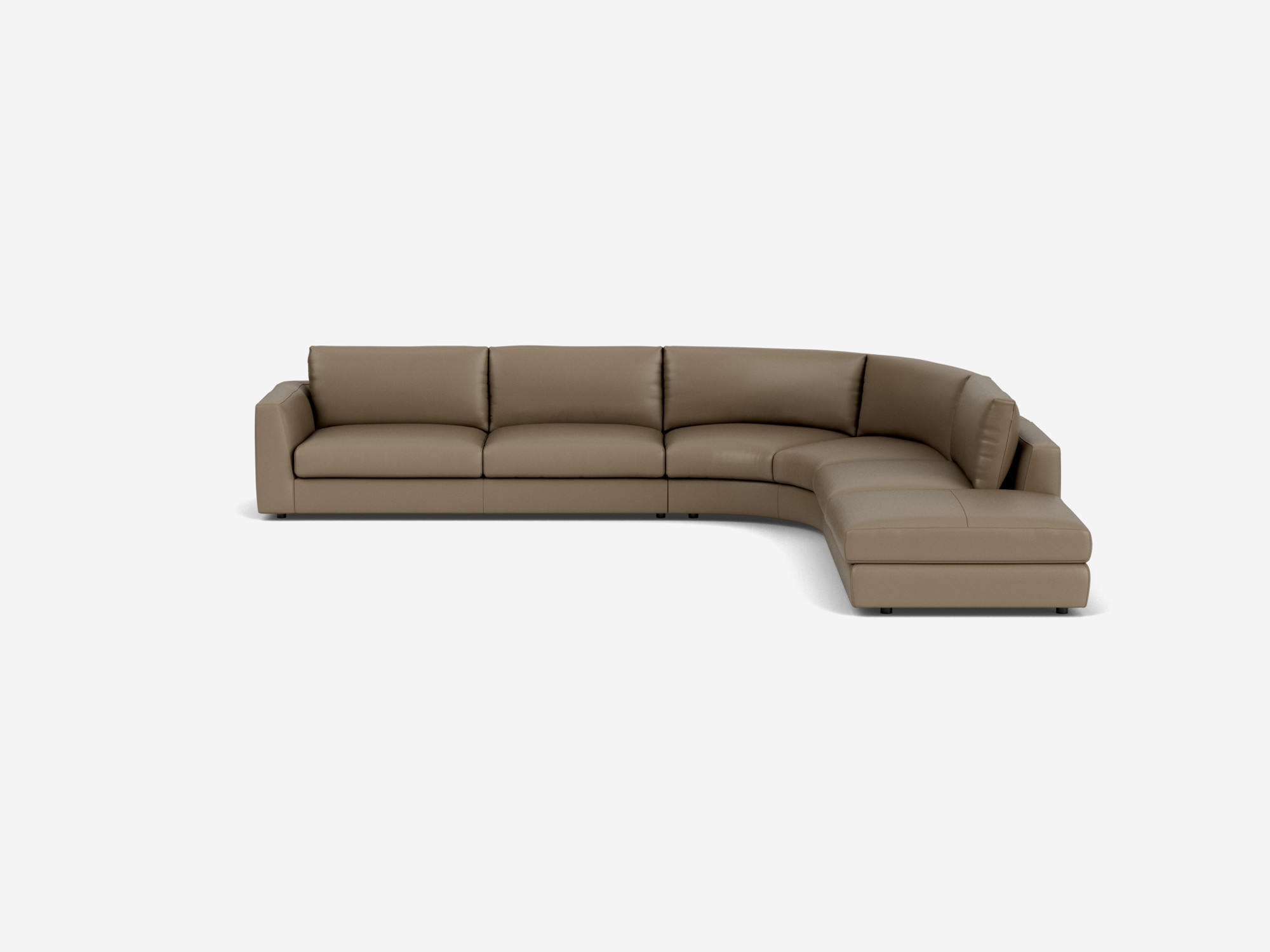 Right hand facing taupe leather curved sectional sofa front view